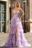 Sparkly Purple A Line Strapless Long Corset Prom Dress with Butterflies