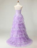 Sparkly Purple A Line Strapless Long Corset Prom Dress with Butterflies