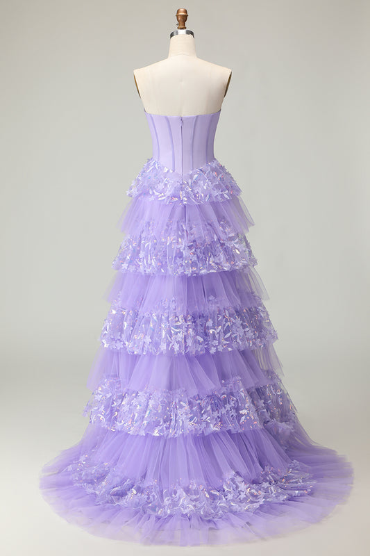 Sparkly Purple Corset A Line Strapless Long Prom Dress with Butterflies