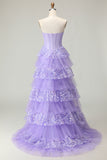Sparkly Purple Corset A Line Strapless Long Prom Dress with Butterflies