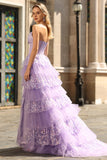 Sparkly Purple Corset A Line Strapless Long Prom Dress with Butterflies