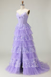 Sparkly Purple Corset A Line Strapless Long Prom Dress with Butterflies