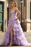 Sparkly Purple A Line Strapless Long Corset Prom Dress with Butterflies