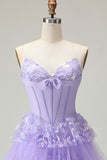 Sparkly Purple Corset A Line Strapless Long Prom Dress with Butterflies
