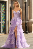 Sparkly Purple A Line Strapless Long Corset Prom Dress with Butterflies