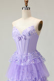 Sparkly Purple Corset A Line Strapless Long Prom Dress with Butterflies
