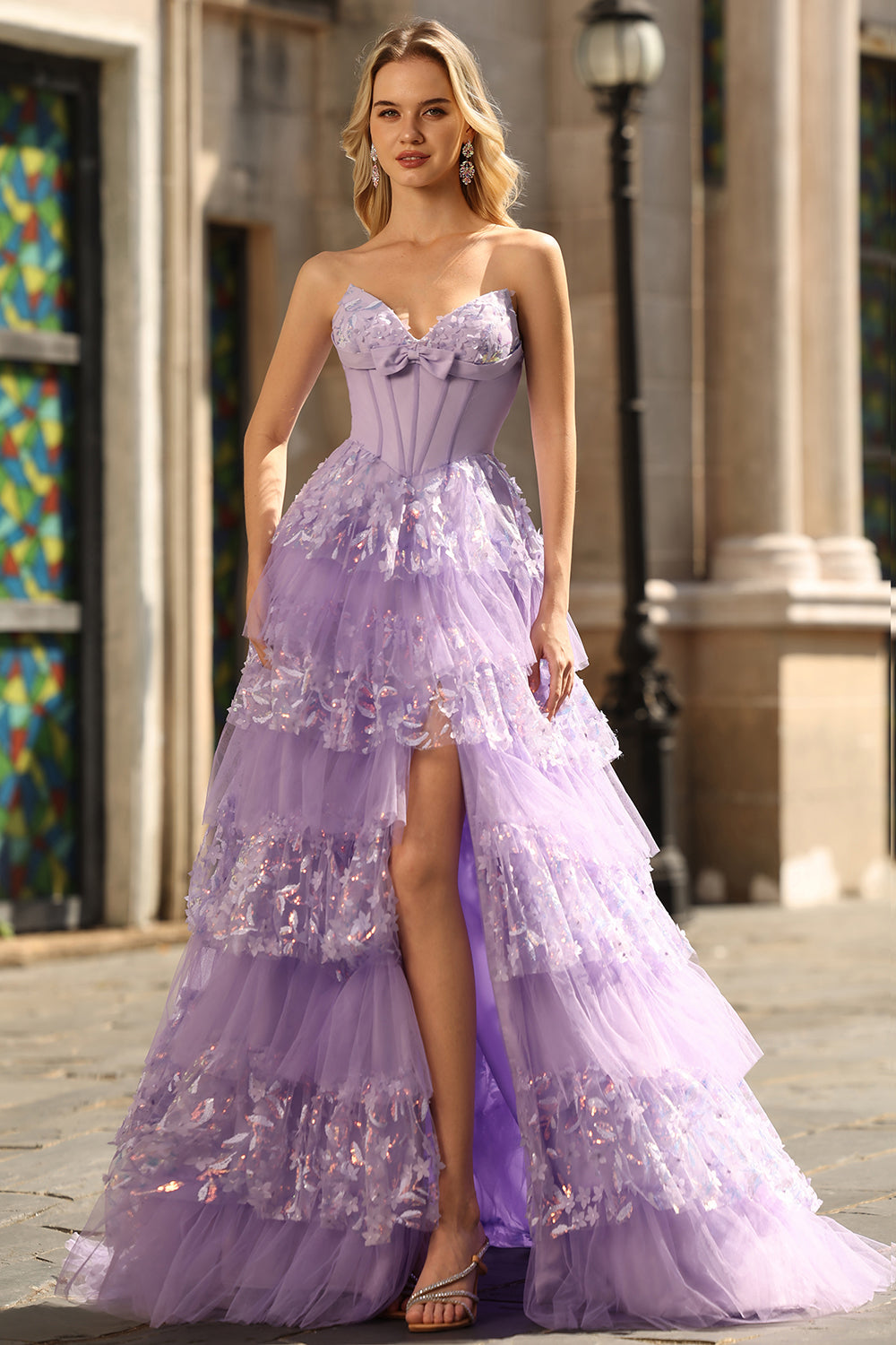 Sparkly Purple A Line Strapless Long Corset Prom Dress with Butterflies