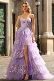 Sparkly Purple A Line Strapless Long Corset Prom Dress with Butterflies