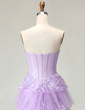 Sparkly Purple Corset A Line Strapless Long Prom Dress with Butterflies