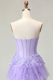 Sparkly Purple Corset A Line Strapless Long Prom Dress with Butterflies