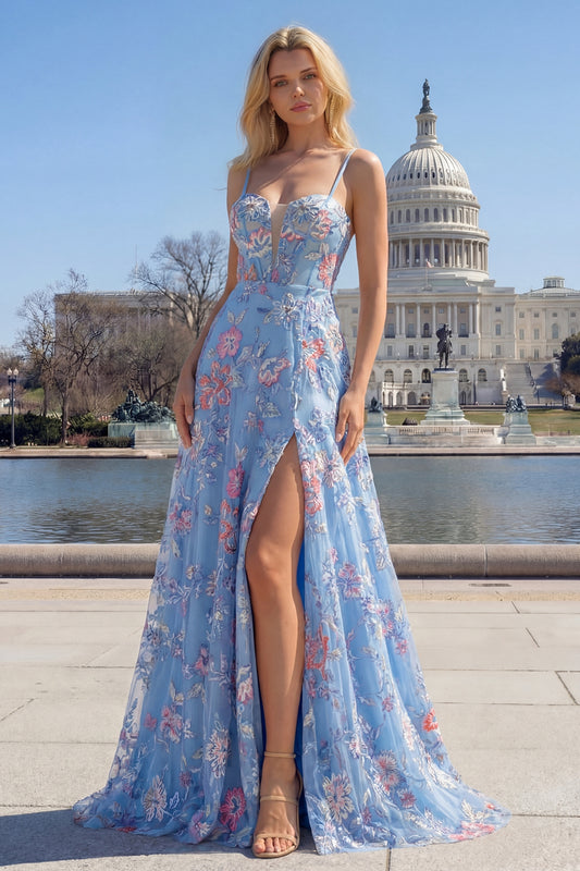 Floral Blue Spaghetti Straps Long Corset Prom Dress with Slit