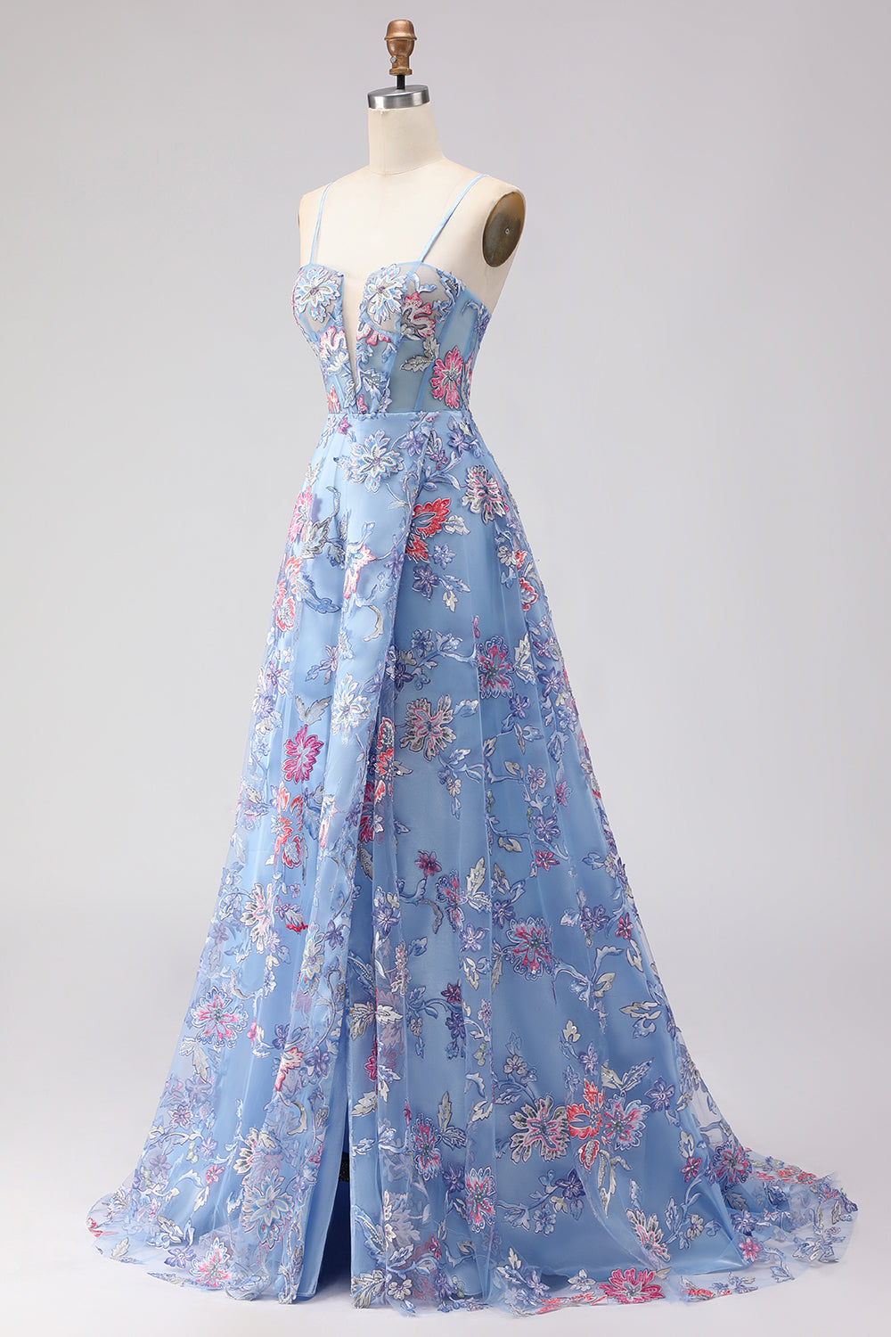 Floral Blue Spaghetti Straps Long Corset Prom Dress with Slit