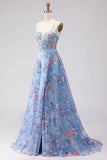 Floral Blue Spaghetti Straps Long Corset Prom Dress with Slit