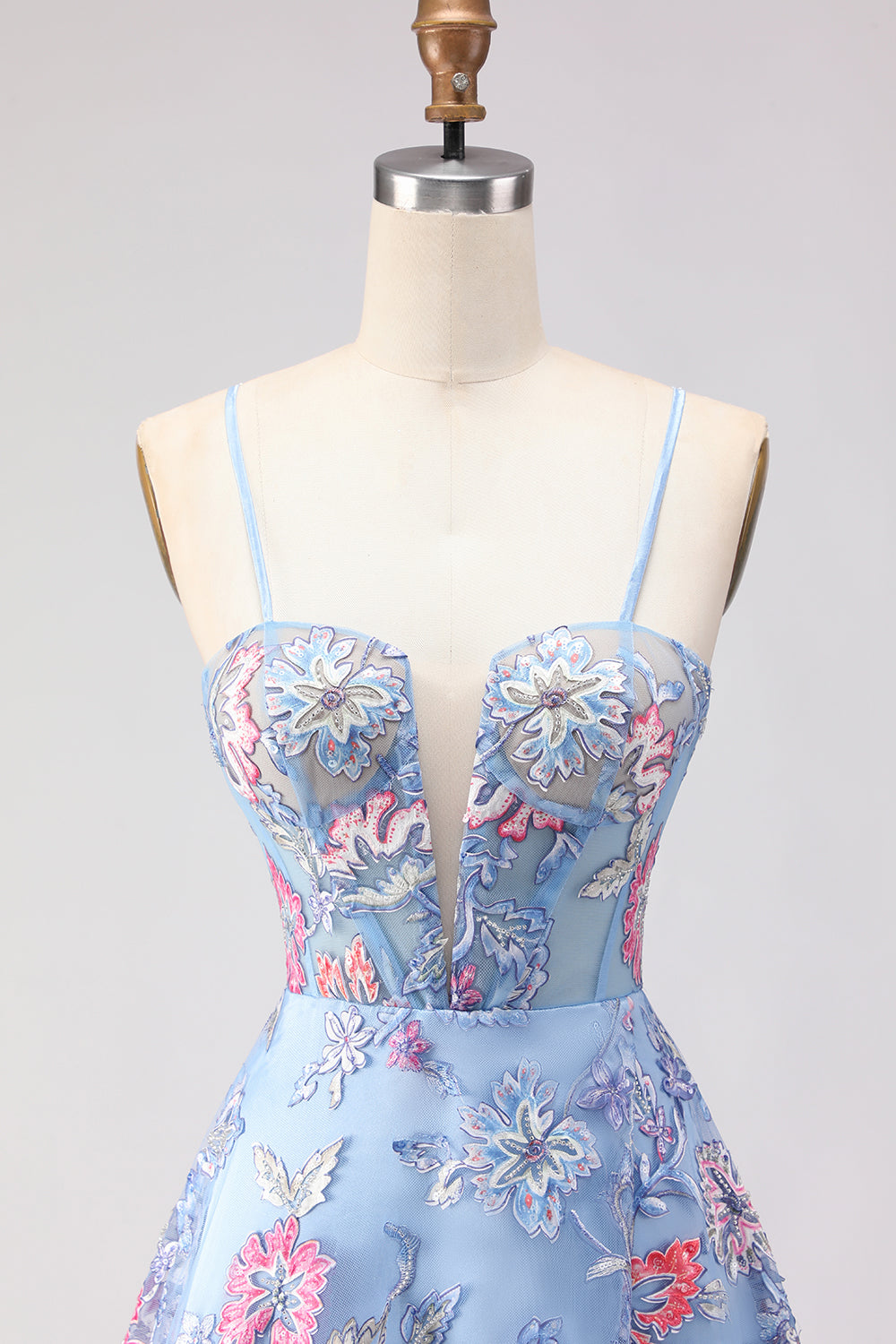 Floral Blue Spaghetti Straps Long Corset Prom Dress with Slit