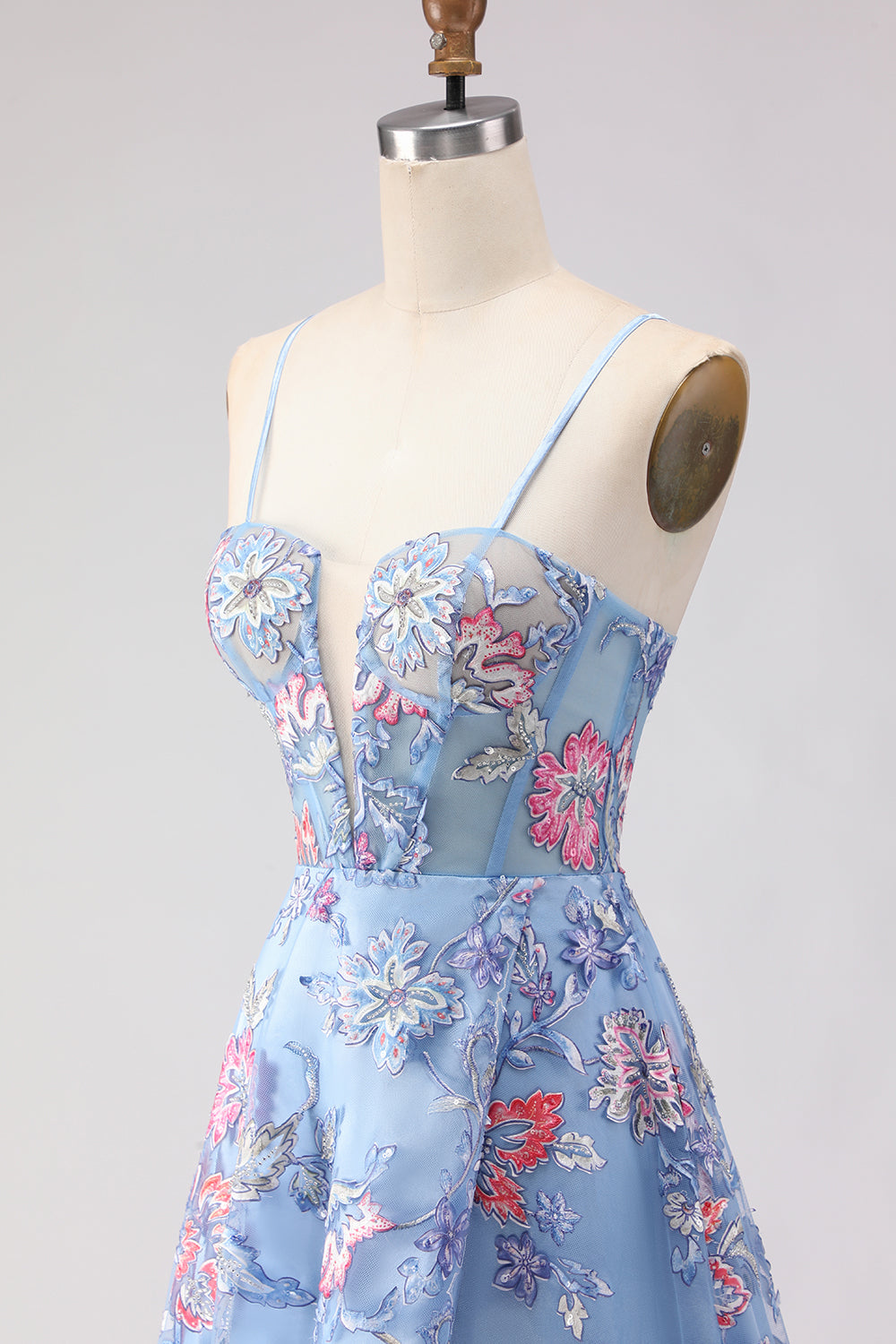 Floral Blue Spaghetti Straps Long Corset Prom Dress with Slit