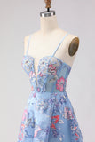 Floral Blue Spaghetti Straps Long Corset Prom Dress with Slit