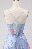 Floral Blue Spaghetti Straps Long Corset Prom Dress with Slit