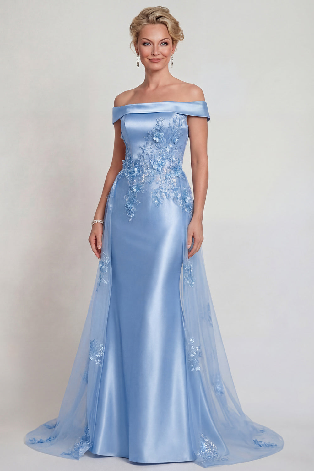 Floral Grey Blue Off the Shoulder Mermaid Long Prom Dress with Cape