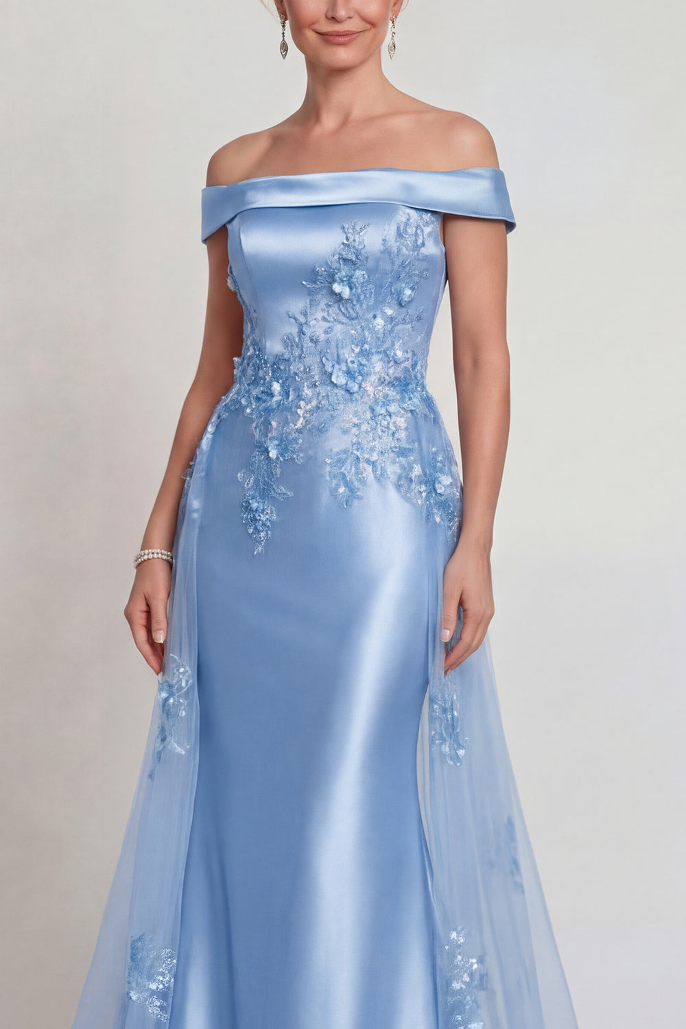 Floral Grey Blue Off the Shoulder Mermaid Long Prom Dress with Cape