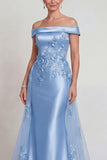 Floral Grey Blue Off the Shoulder Mermaid Long Prom Dress with Cape