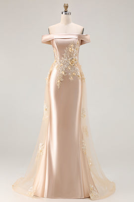 Champagne Mermaid Off the Shoulder Long Prom Dress with Appliques