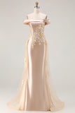 Champagne Mermaid Off the Shoulder Long Prom Dress with Appliques