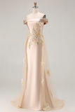 Champagne Mermaid Off the Shoulder Long Prom Dress with Appliques
