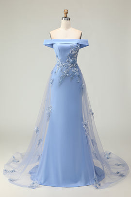 Grey Blue Off the Shoulder Mermaid Long Prom Dress