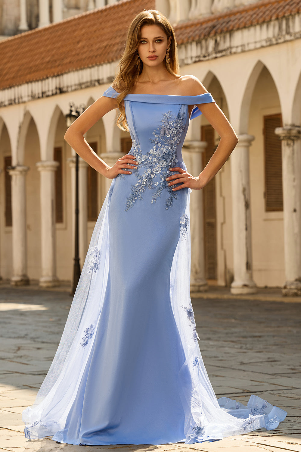 Zapakasa Women Floral Champagne Mermaid Long Prom Dress with Cape Appliqued Off the Shoulder Formal Dress with Sequin