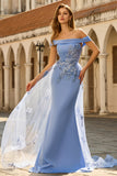 Grey Blue Floral Off the Shoulder Mermaid Long Prom Dress