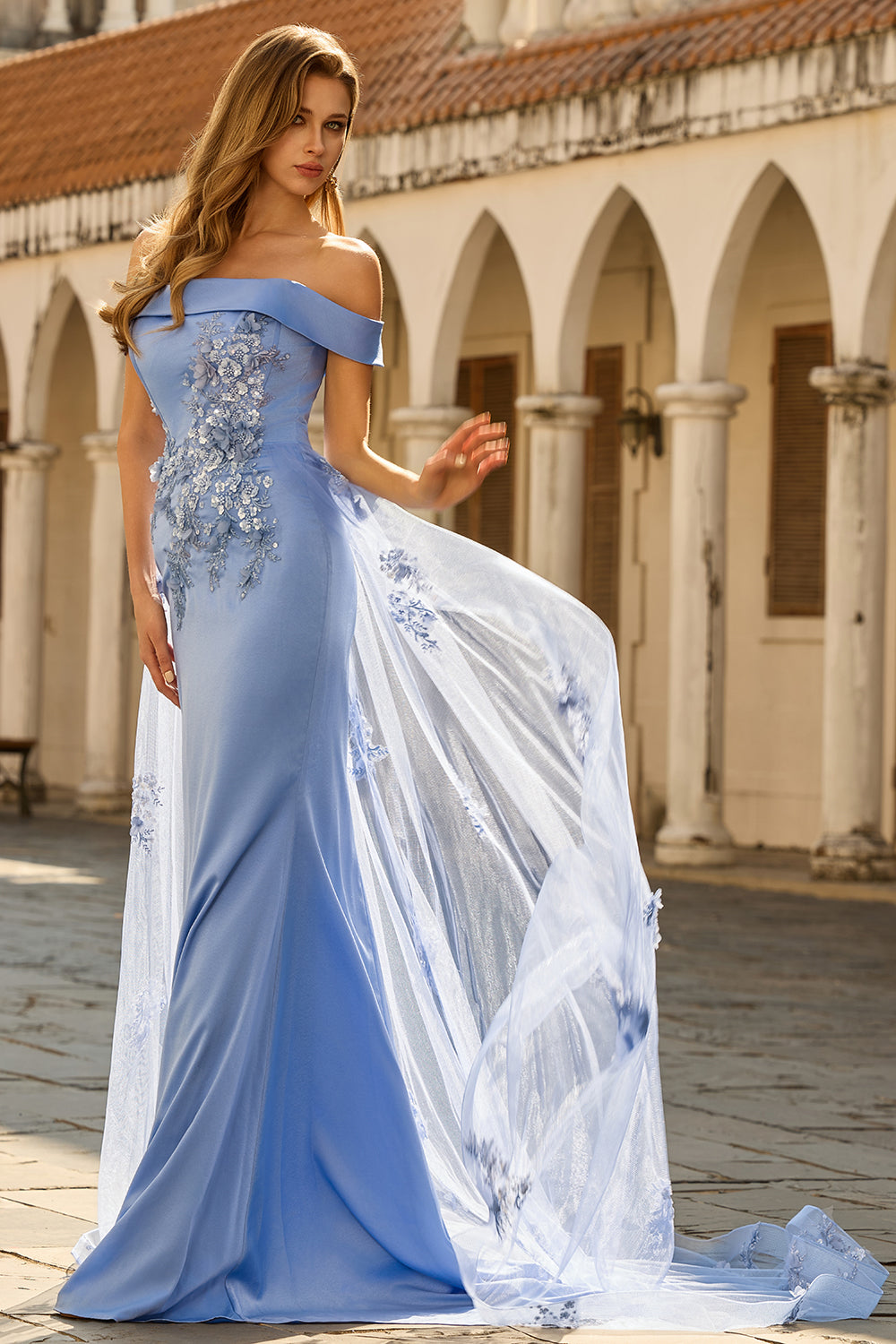 Grey Blue Floral Off the Shoulder Mermaid Long Prom Dress