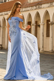Grey Blue Floral Off the Shoulder Mermaid Long Prom Dress