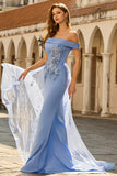 Grey Blue Floral Off the Shoulder Mermaid Long Prom Dress
