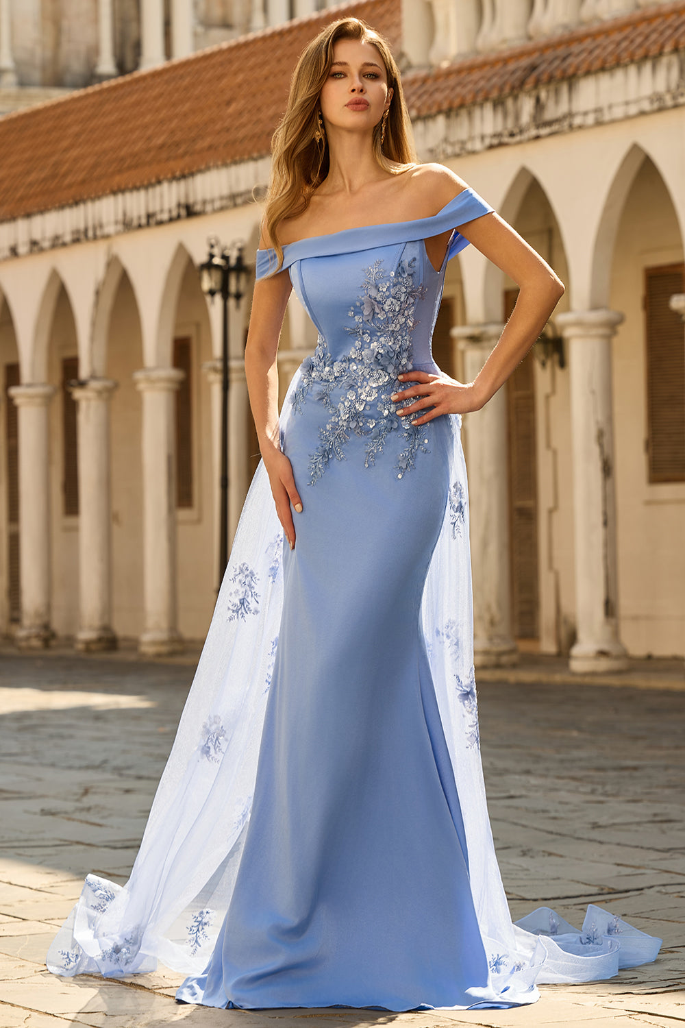 Grey Blue Floral Off the Shoulder Mermaid Long Prom Dress