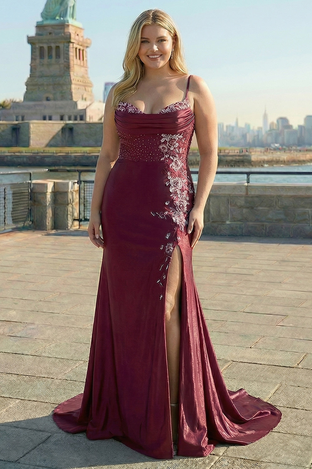 Navy Floral Satin Appliqued Mermaid Long Corset Prom Dress with Slit