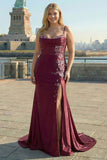 Navy Floral Satin Appliqued Mermaid Long Corset Prom Dress with Slit