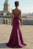 Navy Floral Satin Appliqued Mermaid Long Corset Prom Dress with Slit