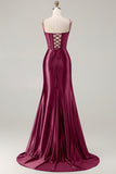 Navy Floral Satin Appliqued Mermaid Long Corset Prom Dress with Slit