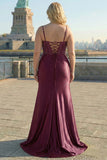 Navy Floral Satin Appliqued Mermaid Long Corset Prom Dress with Slit