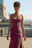 Navy Floral Appliqued Mermaid Long Corset Prom Dress with Slit
