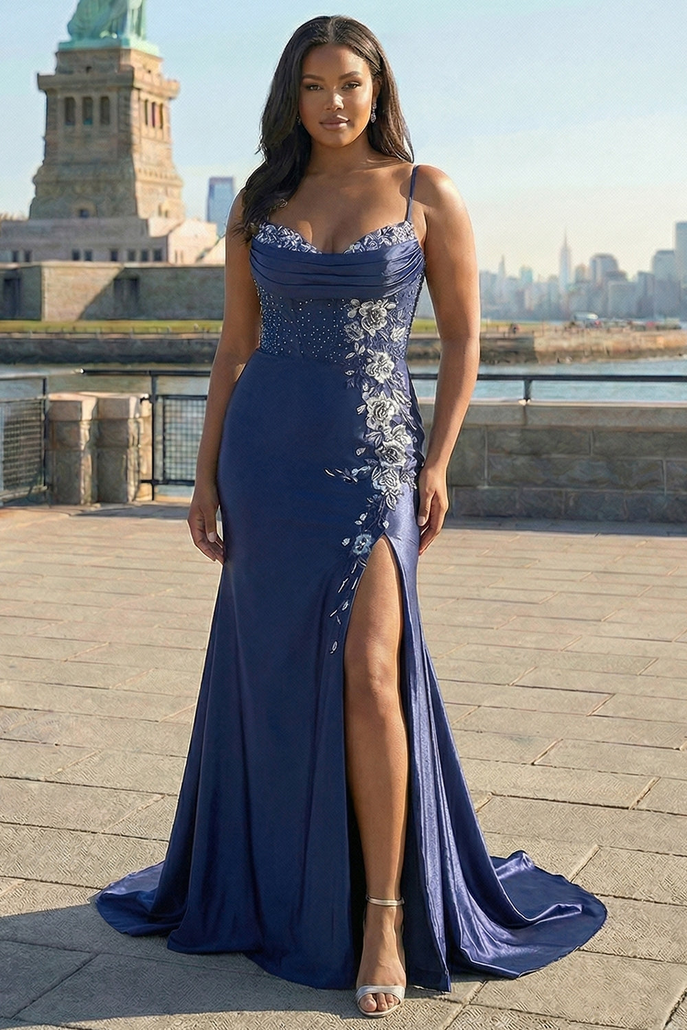 Navy Satin Mermaid Appliqued Long Corset Prom Dress with Slit