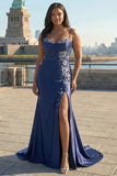 Navy Satin Mermaid Appliqued Long Corset Prom Dress with Slit