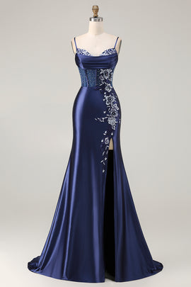 Navy Satin Mermaid Appliqued Long Corset Prom Dress with Slit