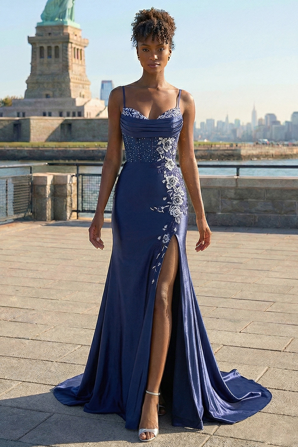 strapless open back dress Zapakasa Women Navy Floral Long Corset Prom Dress with Slit Satin Mermaid  Appliqued Spaghetti Straps Lace Up Back Evening Dress with Beading