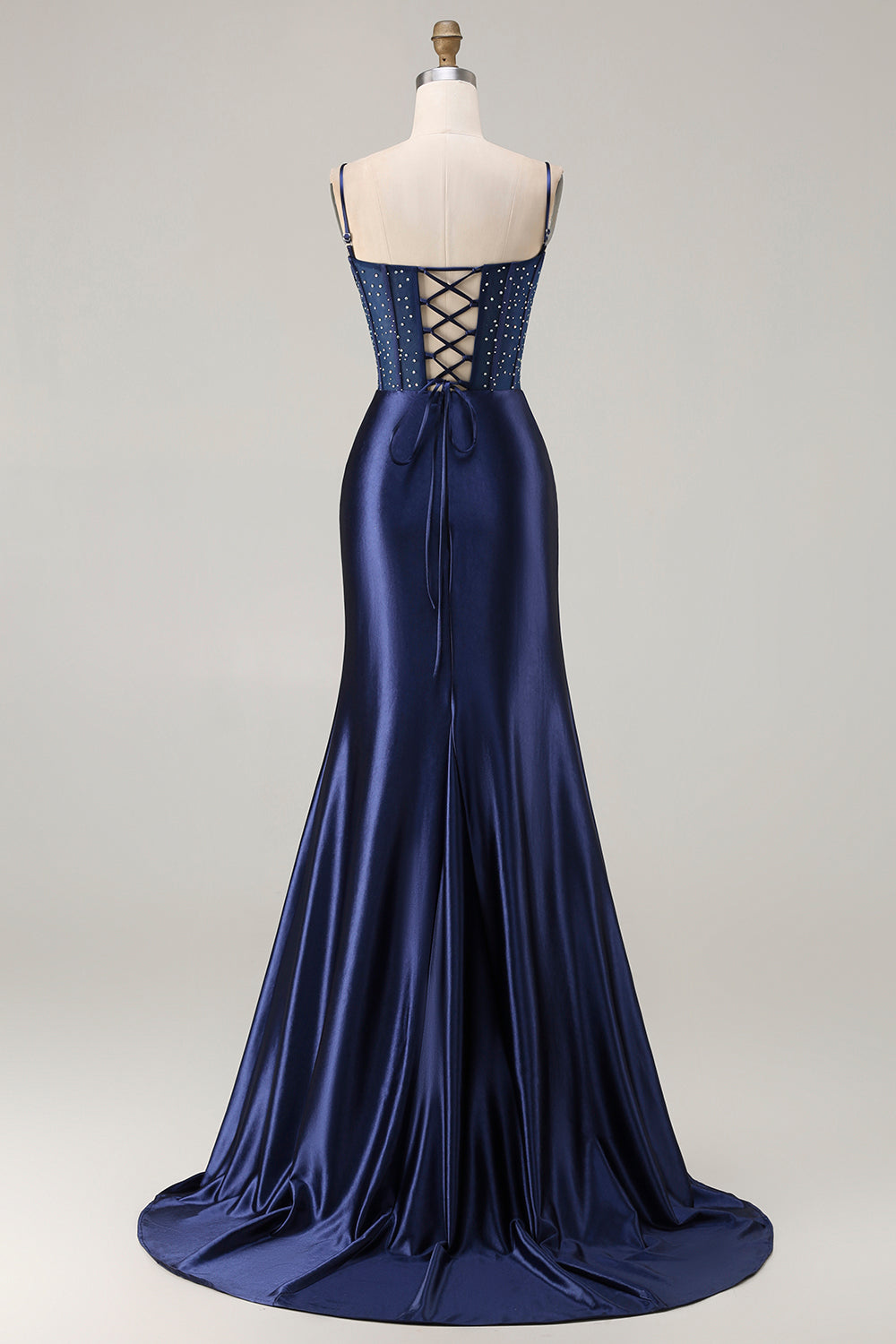 Navy Satin Mermaid Appliqued Long Corset Prom Dress with Slit
