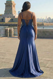 Navy Satin Mermaid Appliqued Long Corset Prom Dress with Slit