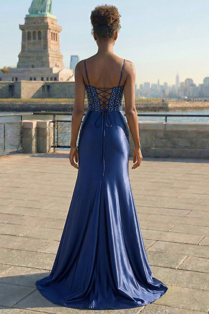 Zapakasa Women Navy Floral Long Corset Prom Dress with Slit Satin