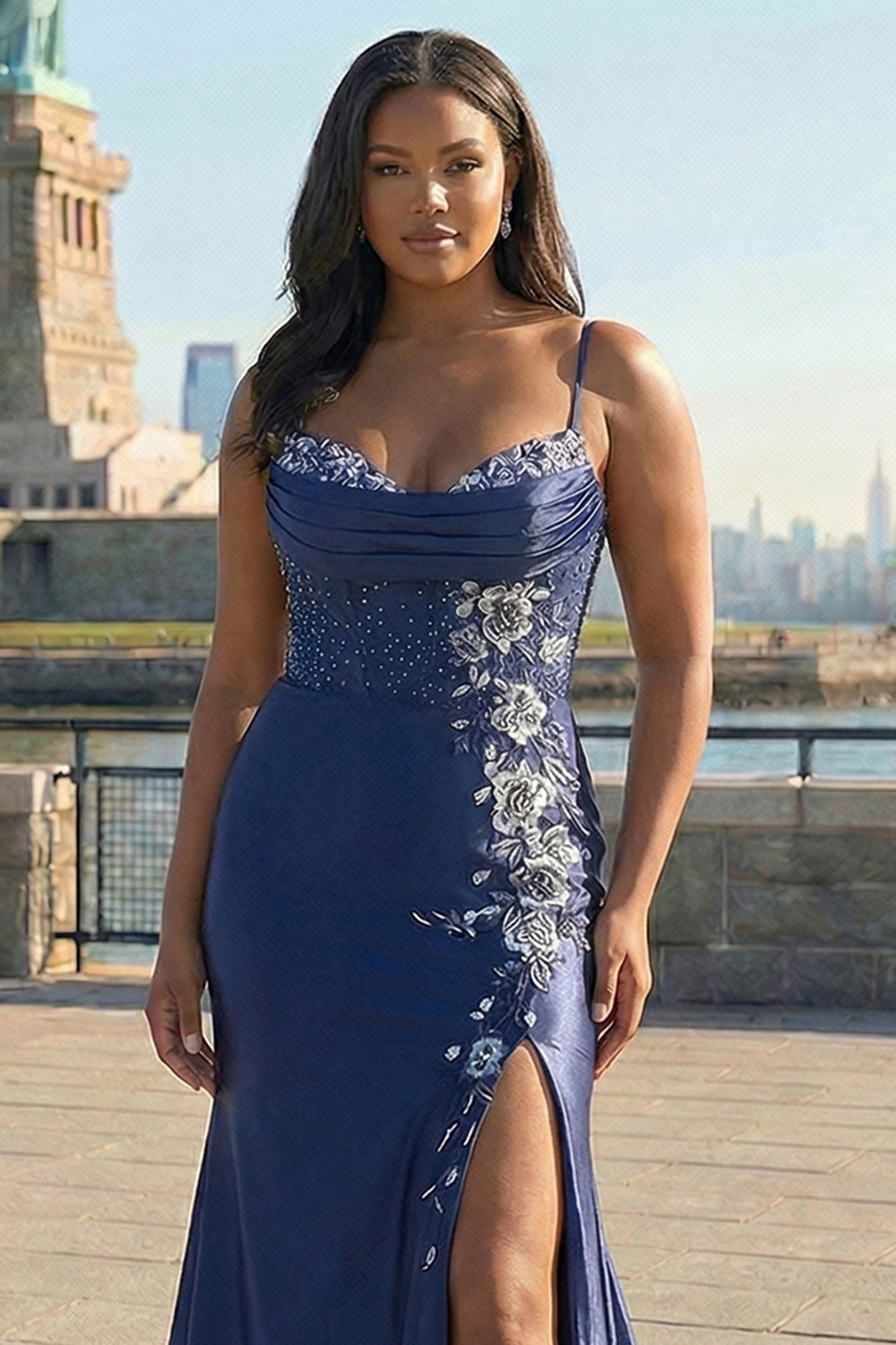 Zapakasa Women Navy Mermaid Long Corset Prom Dress with Slit Satin Plus Size Spaghetti Straps Appliqued Lace Up Back Evening Dress with Beading Zapakasa Women Navy Mermaid Long Corset Prom Dress with Slit Satin Plus Size Spaghetti Straps Appliqued Lace Up Back Evening Dress with Beading