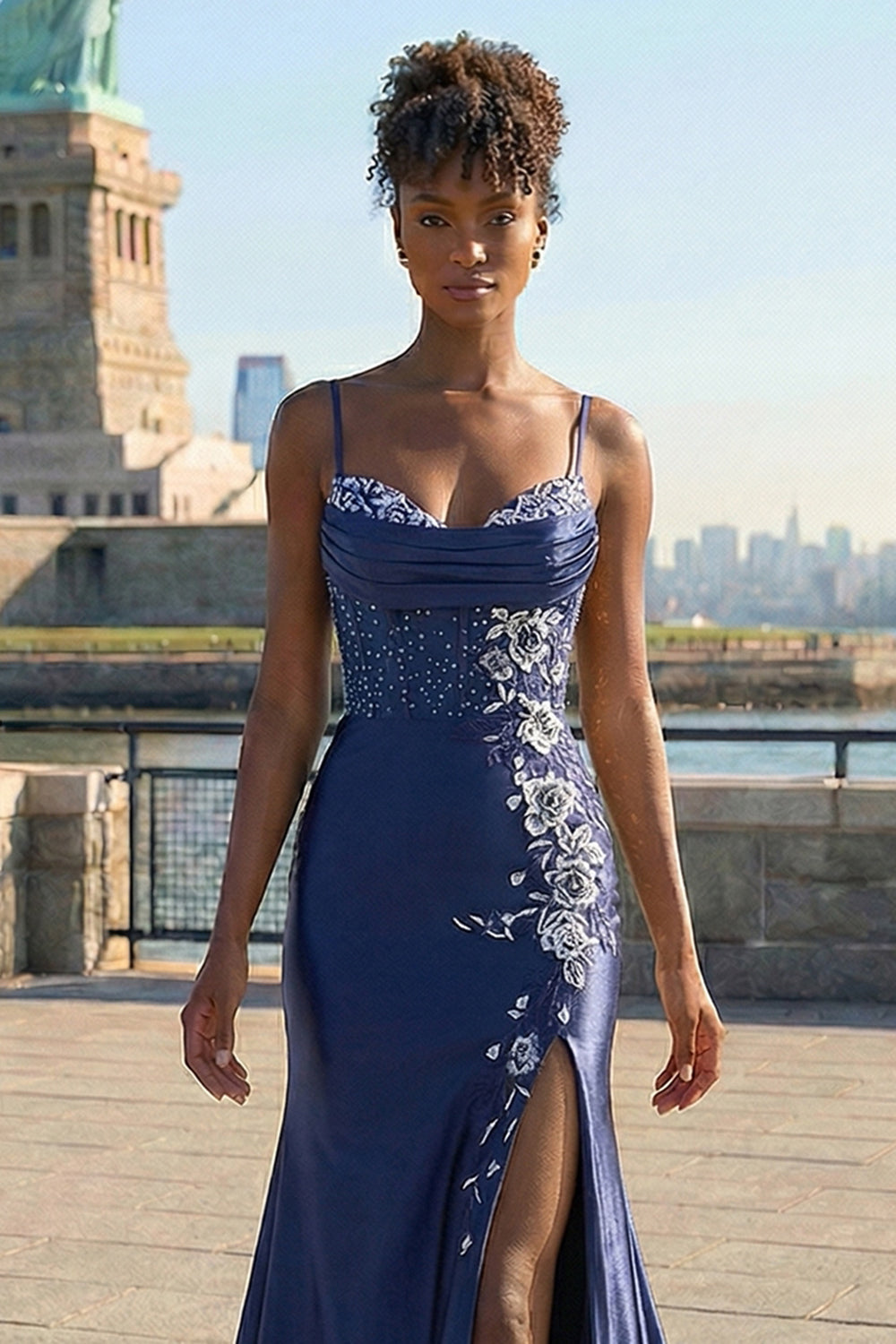 Navy Floral Appliqued Mermaid Long Corset Prom Dress with Slit