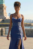 Navy Floral Appliqued Mermaid Long Corset Prom Dress with Slit